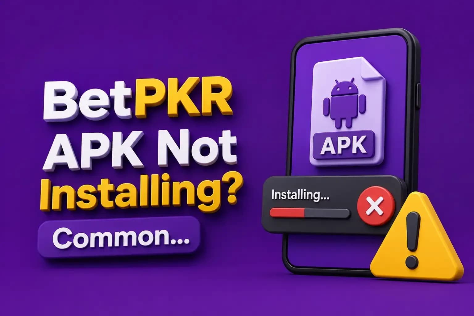 Phone showing a failed BetPKR APK install with a red progress bar, a cross icon and a yellow warning sign.