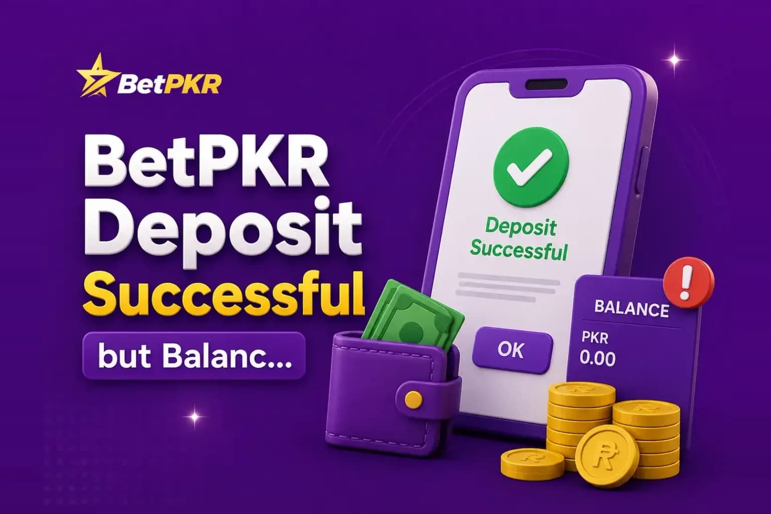 Phone showing a successful BetPKR deposit next to a balance card reading PKR 0.00 with a red alert badge.