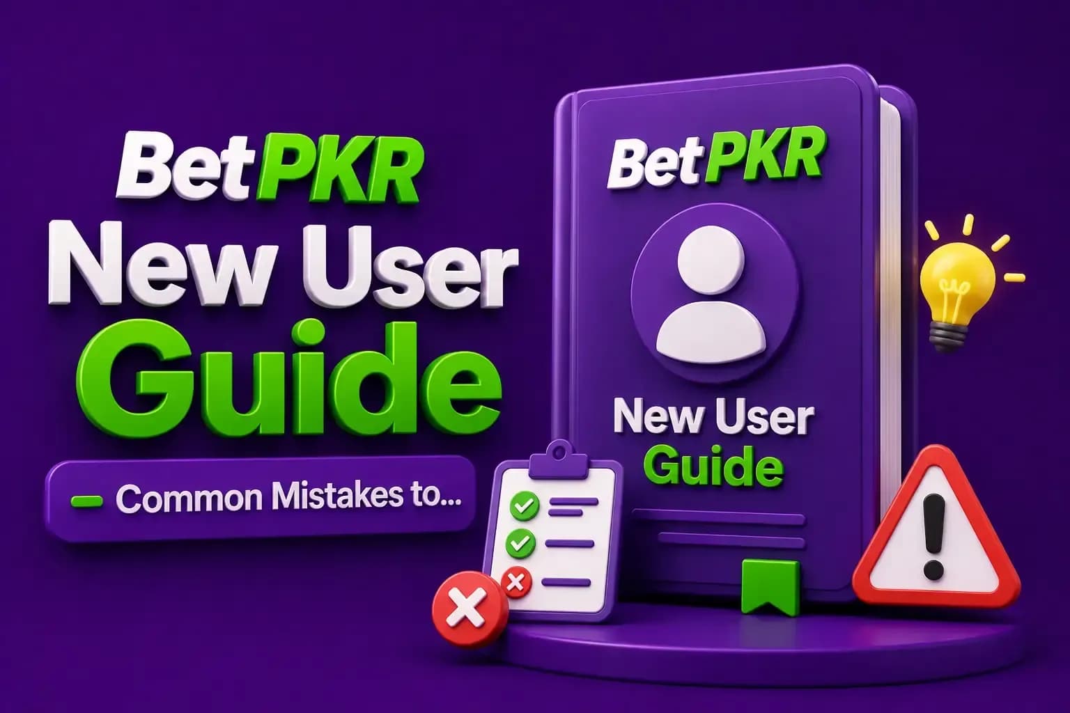 BetPKR new user guide book beside a checklist of ticks and crosses, a lightbulb and a warning triangle.
