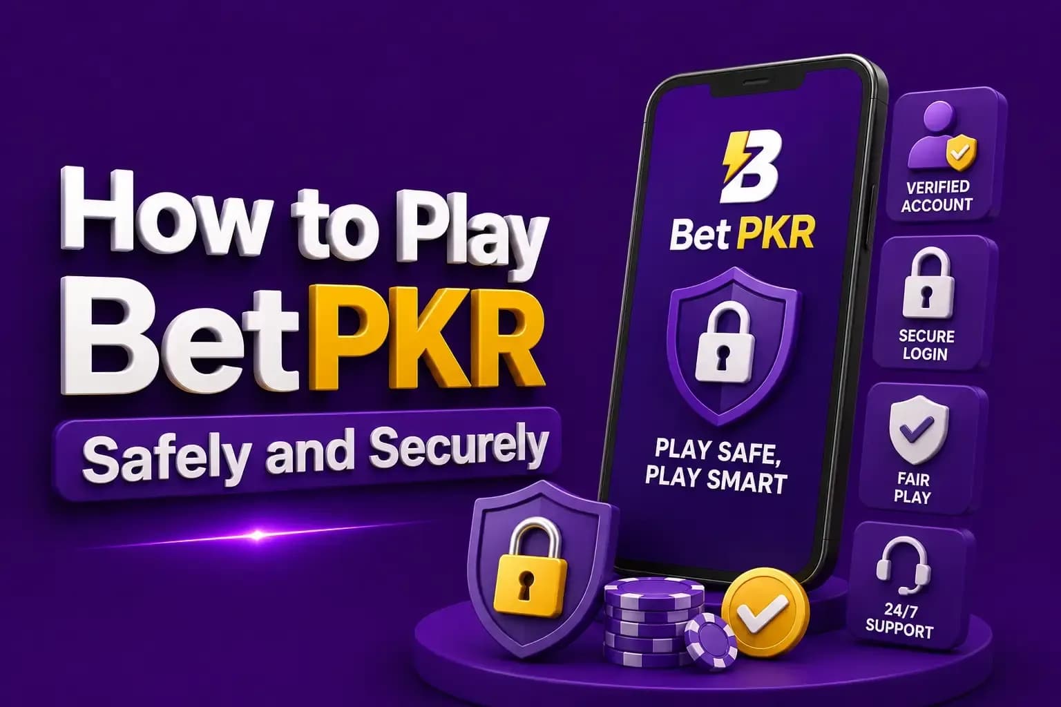 Phone showing a BetPKR play-safe shield beside verified account, secure login, fair play and support cards.