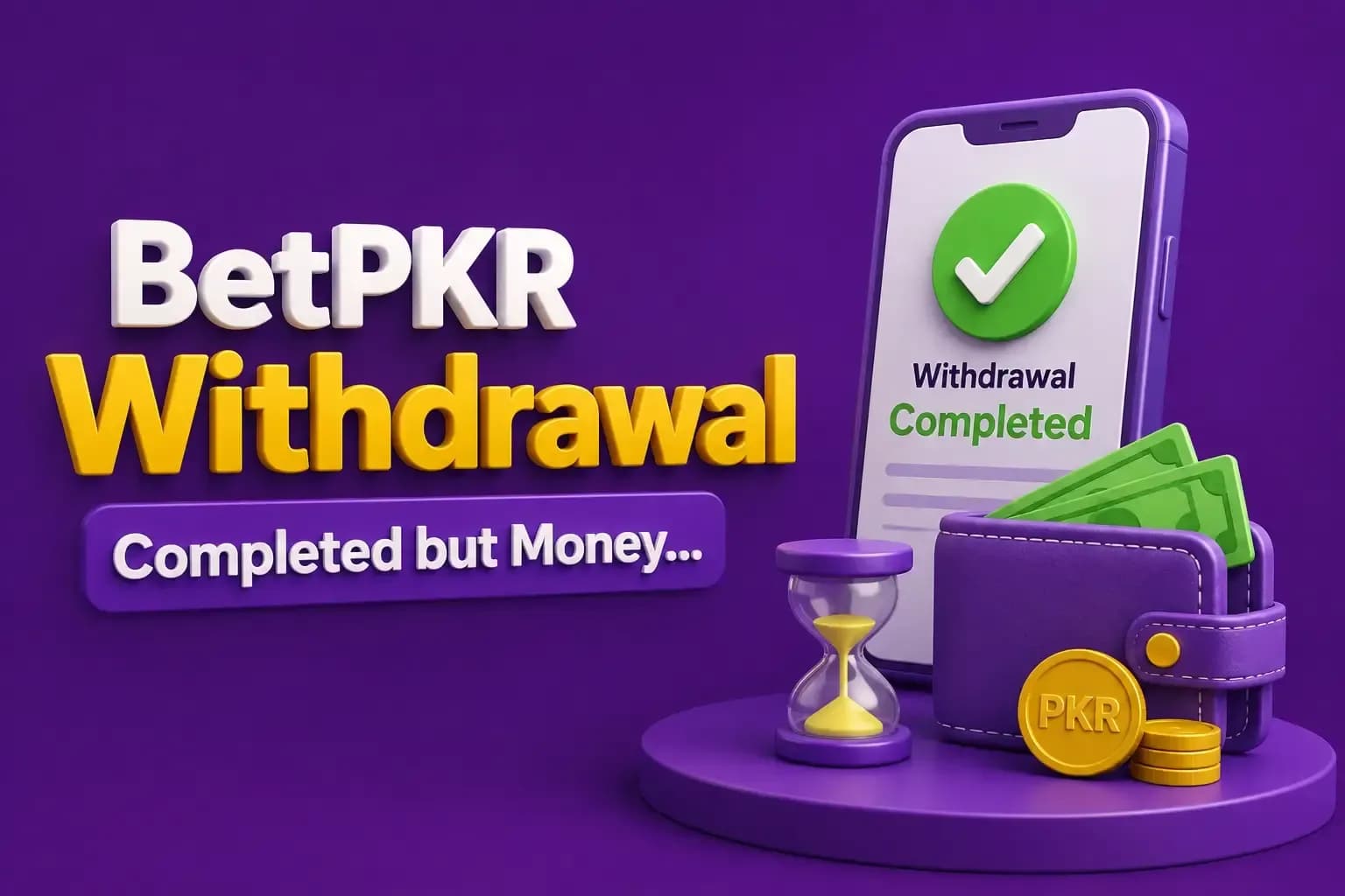 Phone showing a completed BetPKR withdrawal beside an hourglass, a wallet of notes and a gold PKR coin.