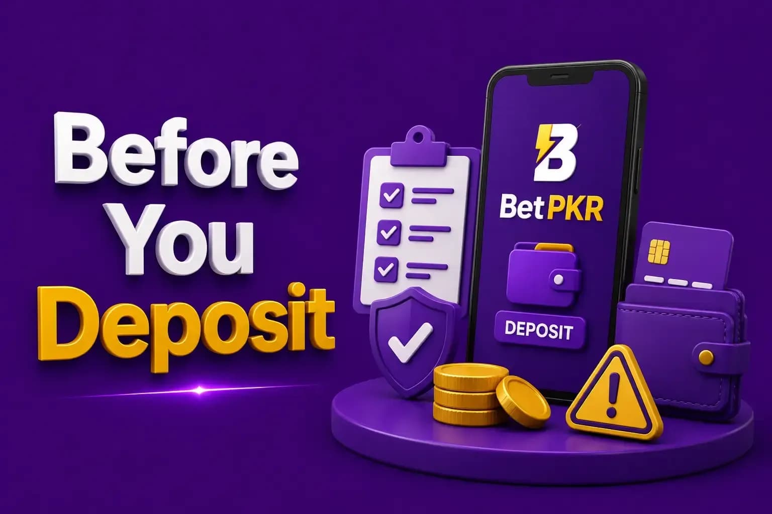 Phone showing the BetPKR deposit button beside a ticked checklist, a shield, gold coins and a warning sign.