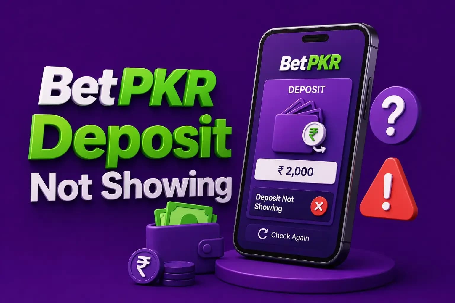 Phone showing a PKR 2,000 BetPKR deposit marked not showing, with a Check Again button and a red warning.
