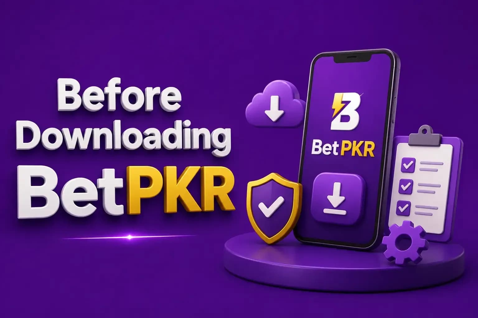 Phone with the BetPKR app open beside a download cloud, a gold shield check mark and a ticked checklist.