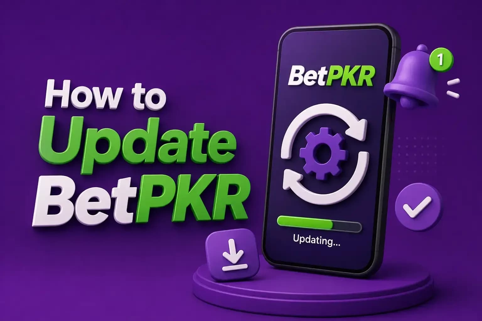 Phone showing a BetPKR update in progress with a refresh ring, a progress bar and a notification bell.