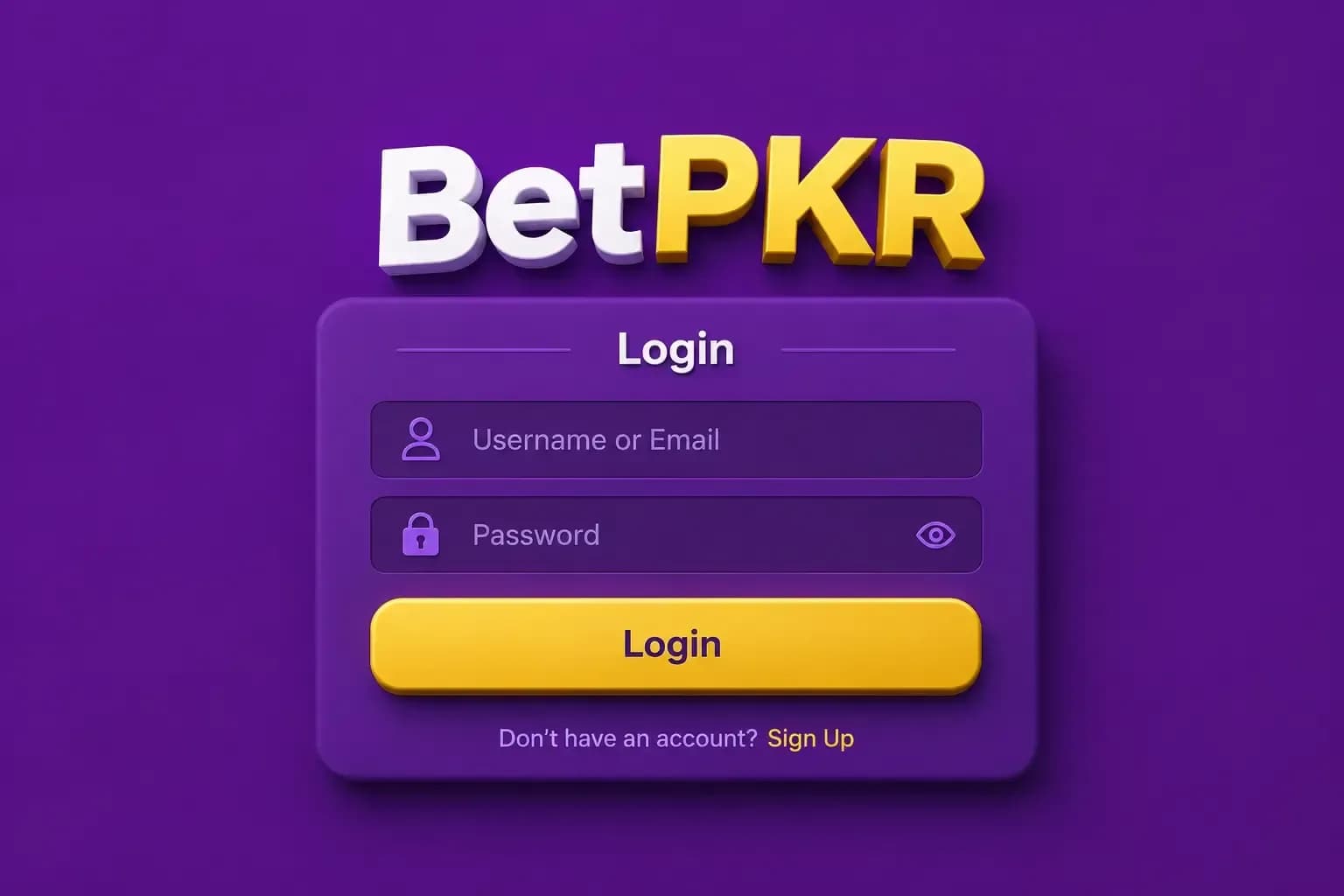 BetPKR login card with username and password fields, a yellow Login button and a sign-up link below it.
