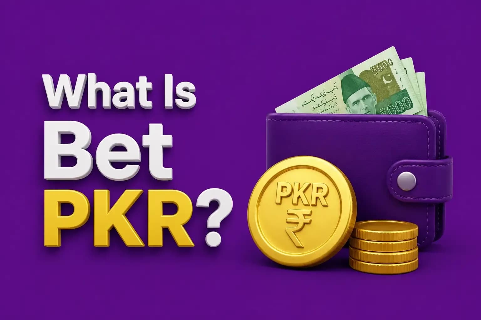 Purple banner asking What Is Bet PKR, with a wallet holding 5000-rupee notes and a stack of gold PKR coins.