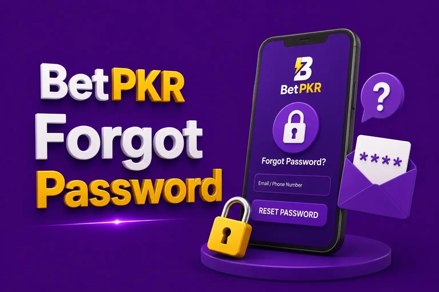 Phone showing a BetPKR reset password screen beside a gold padlock and an envelope holding a masked code.
