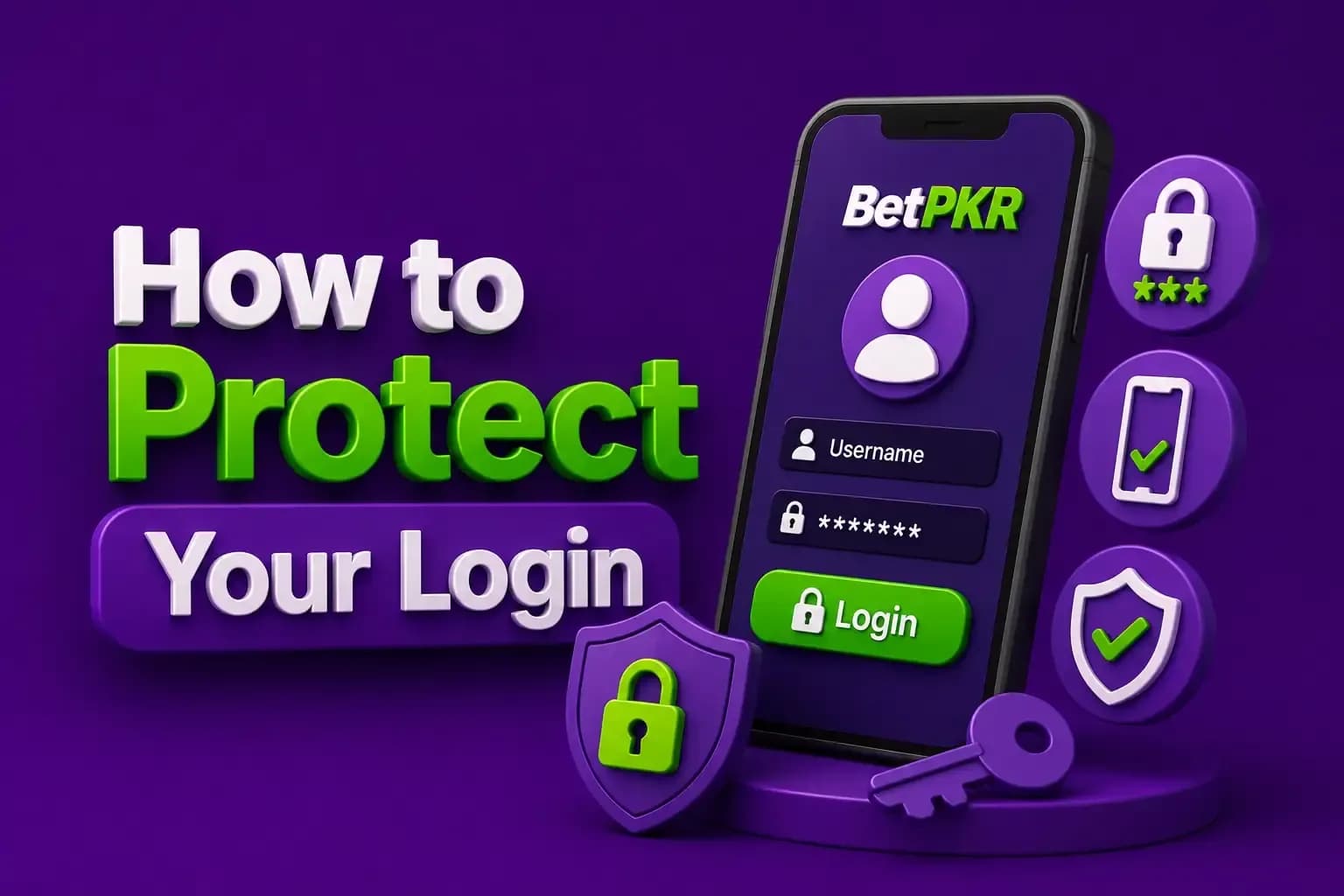 Phone with a masked BetPKR password beside a shield, a key and icons for password, device and safety checks.