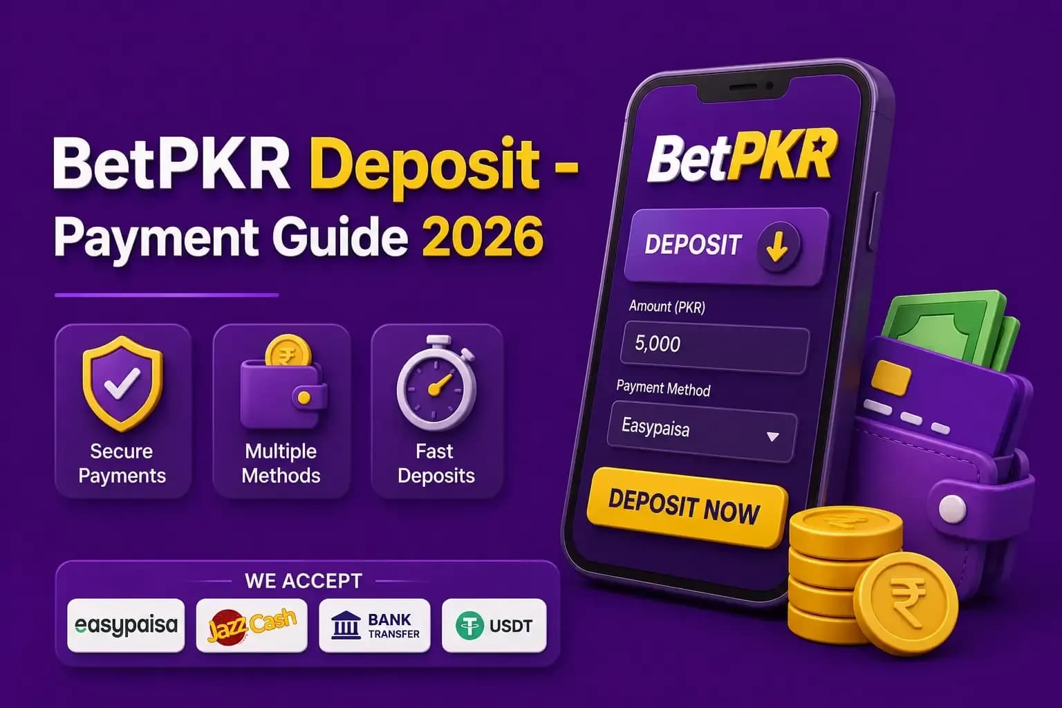 BetPKR deposit screen for PKR 5,000 via Easypaisa, with Easypaisa, JazzCash, bank transfer and USDT logos.