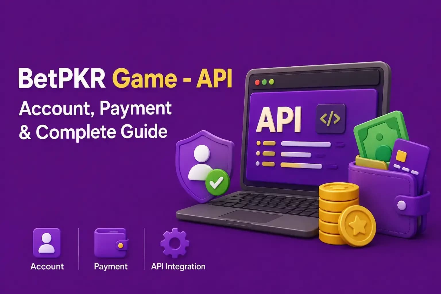 Laptop showing a BetPKR API dashboard beside a wallet, gold coins and account, payment and settings icons.