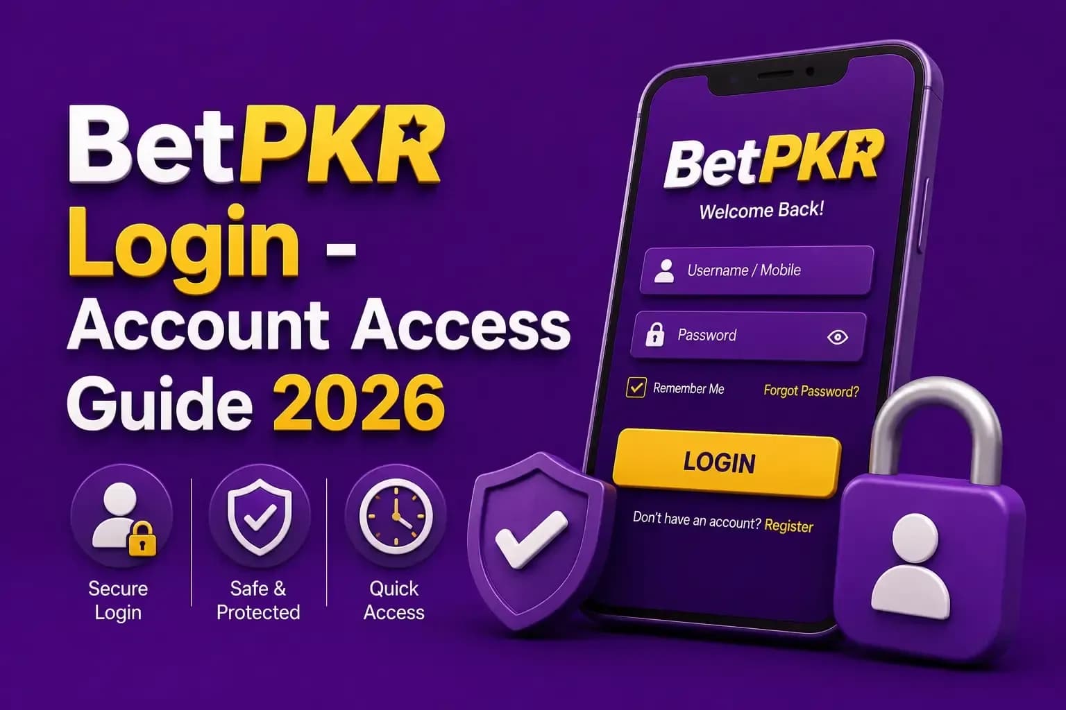 BetPKR login screen with username and password fields, Remember Me, and secure, protected and quick badges.