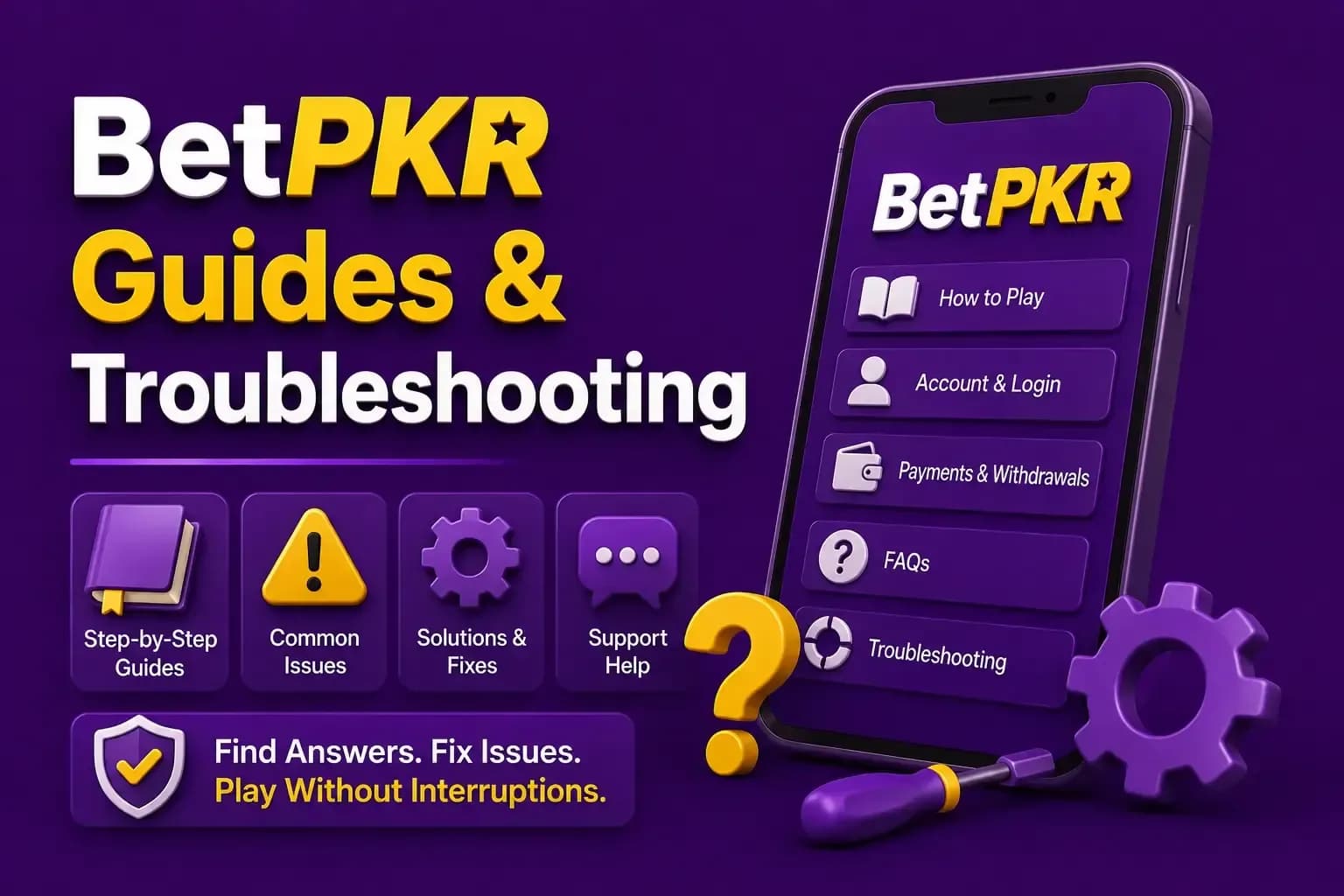 Phone listing BetPKR how-to-play, account, payments, FAQ and troubleshooting guides beside a gear and spanner.